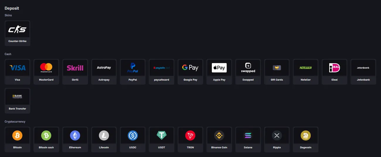 The CSGOEmpire deposit page with groups for skins, cash methods and cryptocurrency