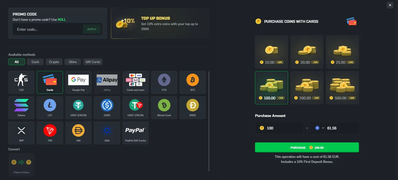 CSGORoll deposit window with a promo code field, method icons and a card purchase of 100 coins