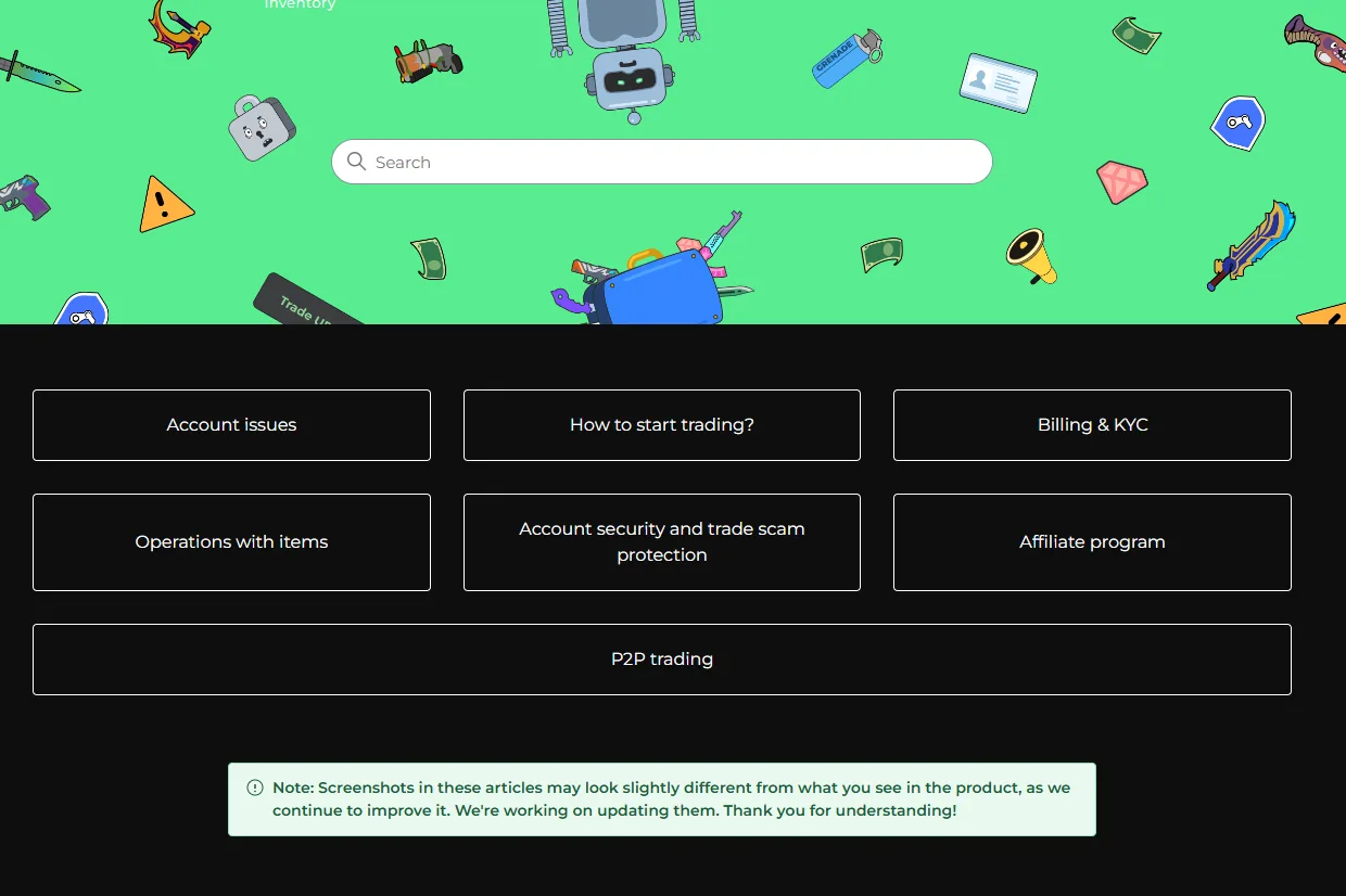 DMarket help center with a search box and categories for billing and KYC, items, P2P and the affiliate program