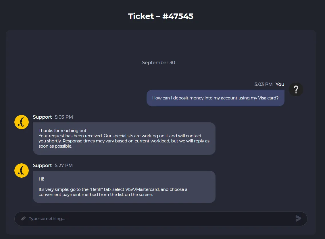 Support ticket 47545 with an automatic reply at 5:03 PM and a human answer at 5:27 PM