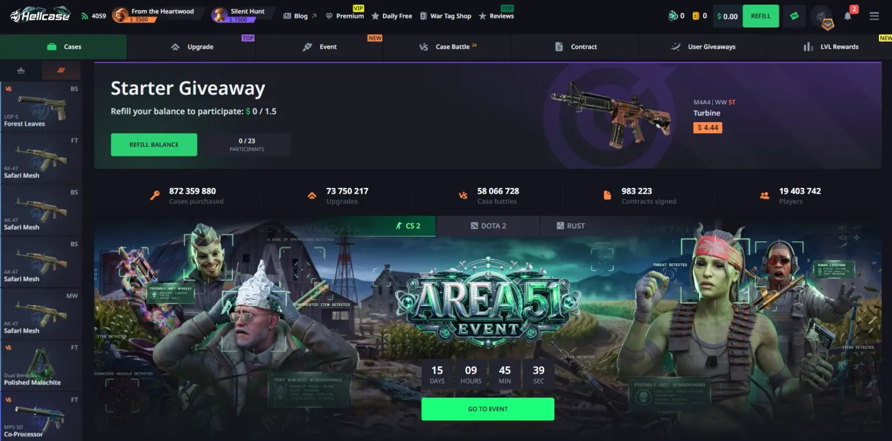 Hellcase home screen with the Area 51 event banner and site counters