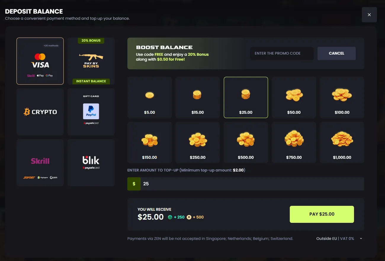 Key-Drop deposit window with payment methods, preset amounts and a minimum top-up of $2