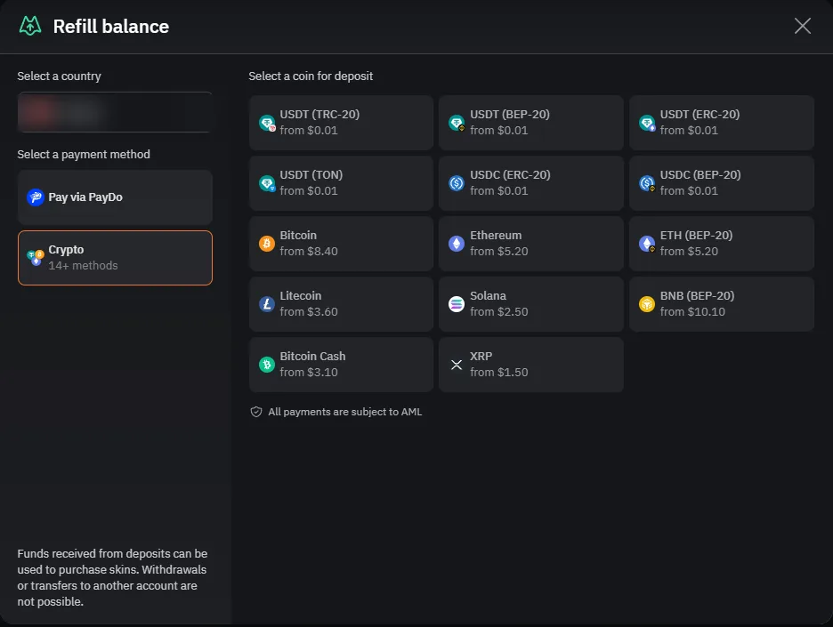 Refill balance window with PayDo, a crypto list of 14+ methods and a note that deposits cannot be withdrawn