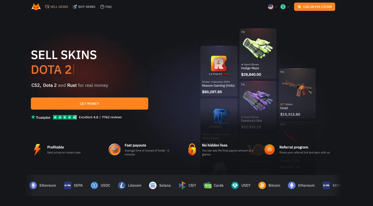Lis-Skins homepage with the sell button, the Trustpilot badge and the four feature tiles