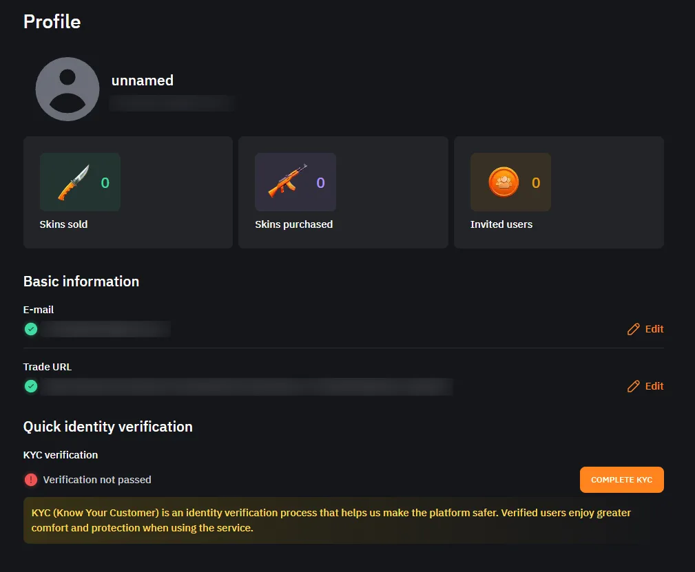 Profile page with skins sold, skins purchased, invited users and a KYC block marked not passed