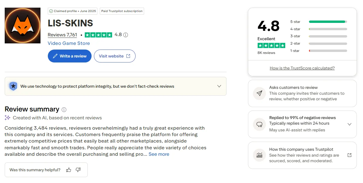 Trustpilot profile for Lis-Skins showing 4.8 from 7,763 reviews and a company reply rate